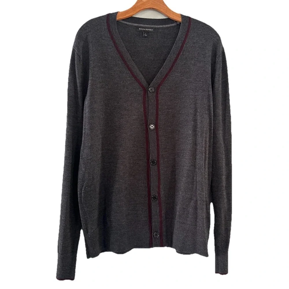 Banana Republic Mens Size L Merino Wool Gray Cranberry Cardigan Sweater Grandpa